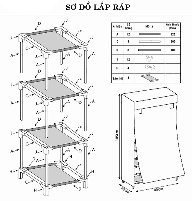 Cách lắp tủ vải thông thường 1 buồng 4 ngăn đơn giản. 